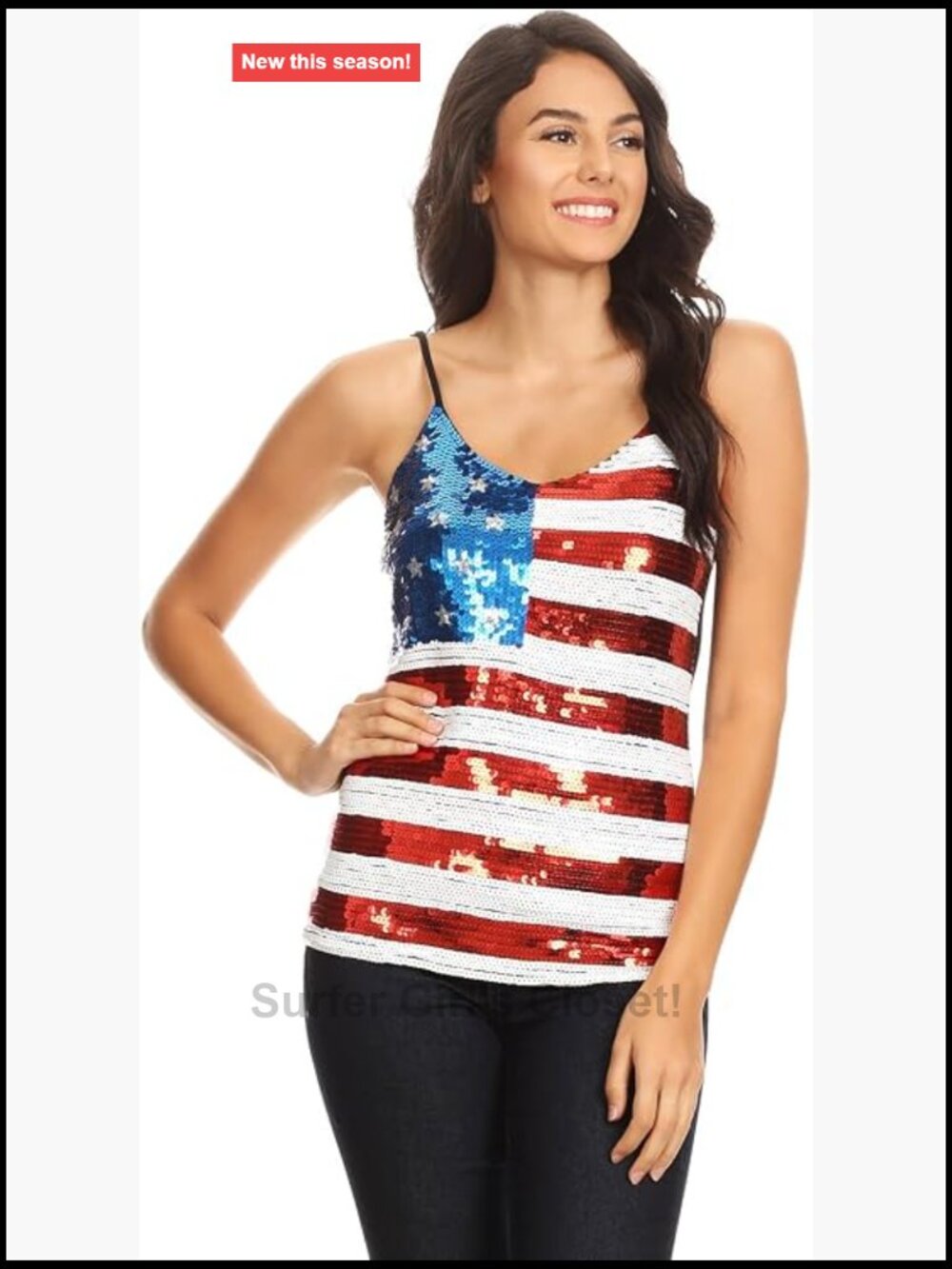 Sequin V-Neck Cami Tank Top Patriotic USA Flag Sparkly Fourth of July